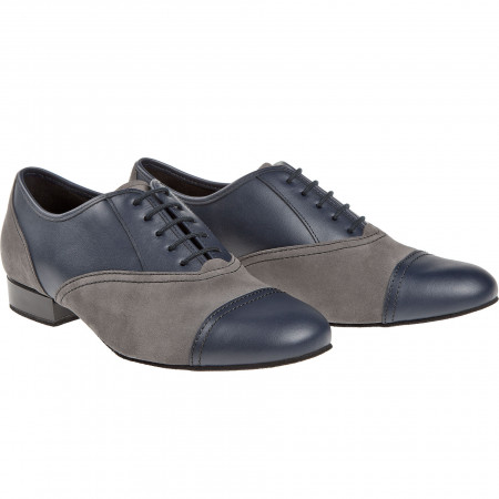 077 Diamant - Chaussures de danse pieds larges en cuir bleu et nubuck gris talons 2cm