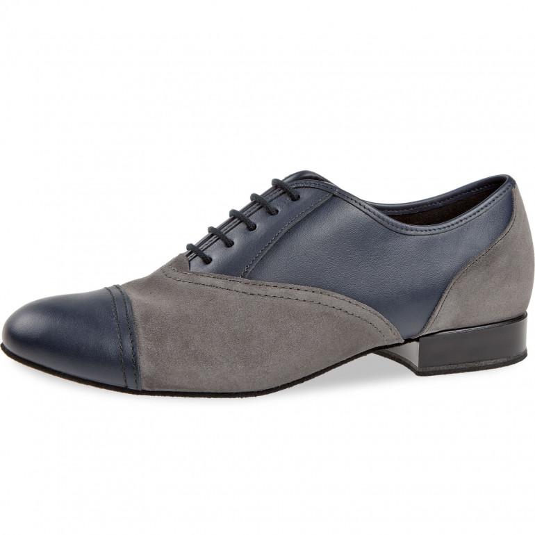 077 Diamant - Chaussures de danse pieds larges en cuir bleu et nubuck gris talons 2cm