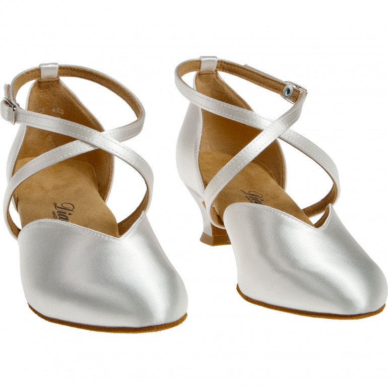 107 Diamant - Chaussure de danse en V en satin blanc, semelle confort à talon 4cm