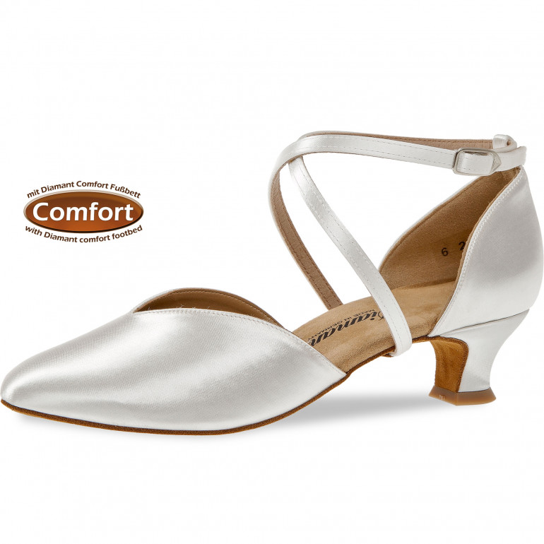 Chaussures de danse V en satin blanc et semelle de confort avec talons de 4,2 cm - Diamant