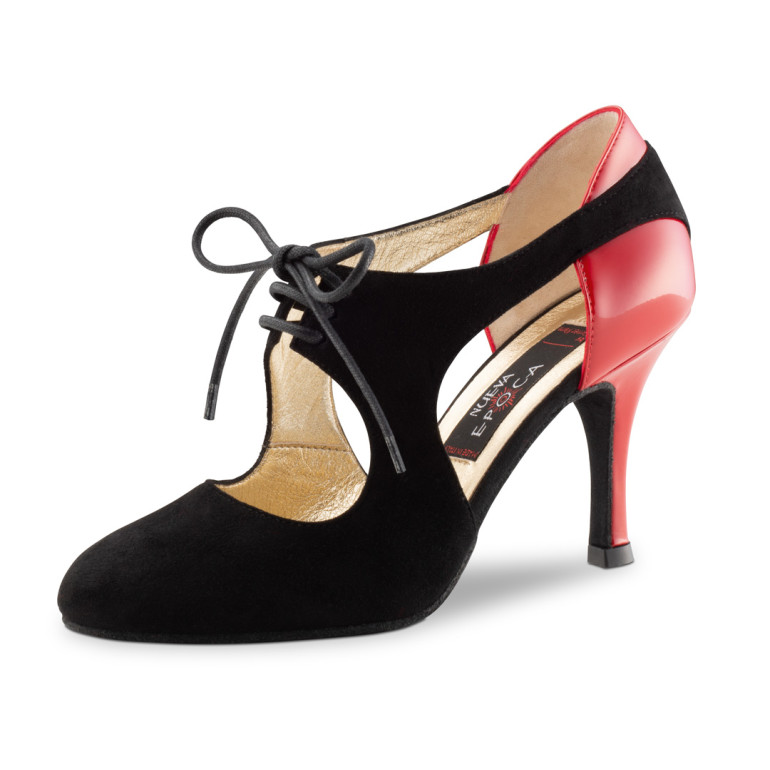 Chaussure de danse à bout fermé en daim noir avec lacets et cuir verni rouge - Talia - Nueva Epoca